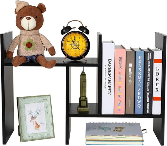 PAG Adjustable Desktop Shelf Wood Small Bookshelf Desk Supplies Organizers and Accessories Storage Display Rack Office Decor, Black