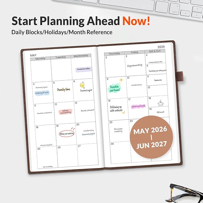 SUNEE 2026-2027 Pocket Weekly Planner for Purse 3.5" x 6" - 12 Month (July 2026 - June 2027) Academic Year Calendar, Pocket Size Planner, Hardcover, Note, 100 GSM Paper, Brown