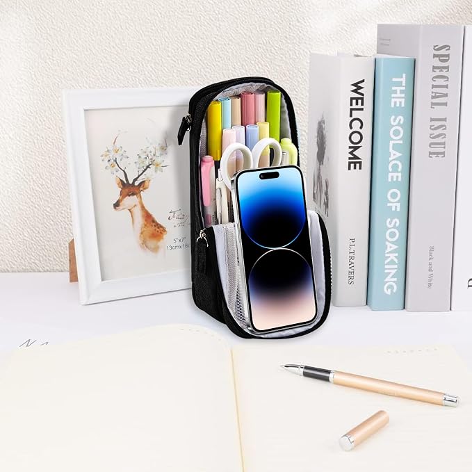 iSuperb Standing Pencil Case 2 Compartments Pencil Pouch Magnetic Mobile Phone Holder Bracket Pen Bag Large Capacity Phone Pouch College Stationery Organizer Storage for Kids Boys Girls