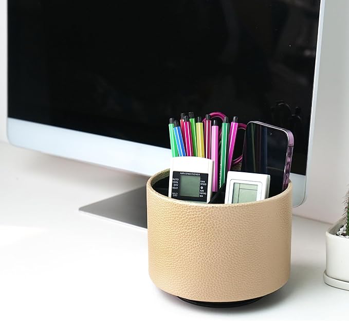 Round Leather Art Supply Organizer,Remote Control Holder,360 Degree Spinning,Multi-Functional Pencil Holder,4 Compartments Desktop Stationary Organizer(1-Lichee Gold)