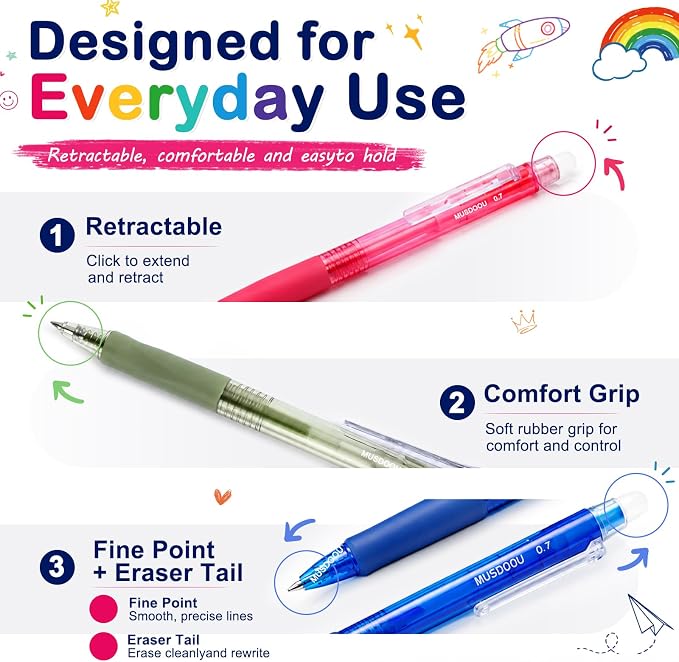 Erasable Gel Pens, 24 Assorted Colors, 0.7mm Fine Point Retractable Gel Ink Pens with Erasers, Smooth Writing Multicolor Pens for Journaling, Note Taking, Planning, Drawing and Art Projects