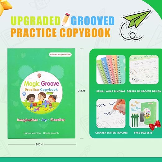 BYFWH Magic Groove Practice Copybook for Kids, Reusable Writing Practice Books, Grooved Handwriting Book Set for Kid Ages 3-8 Calligraphy 5.59 * 7.91 (5 Medium Books with Cactus Pens & Gift Box)