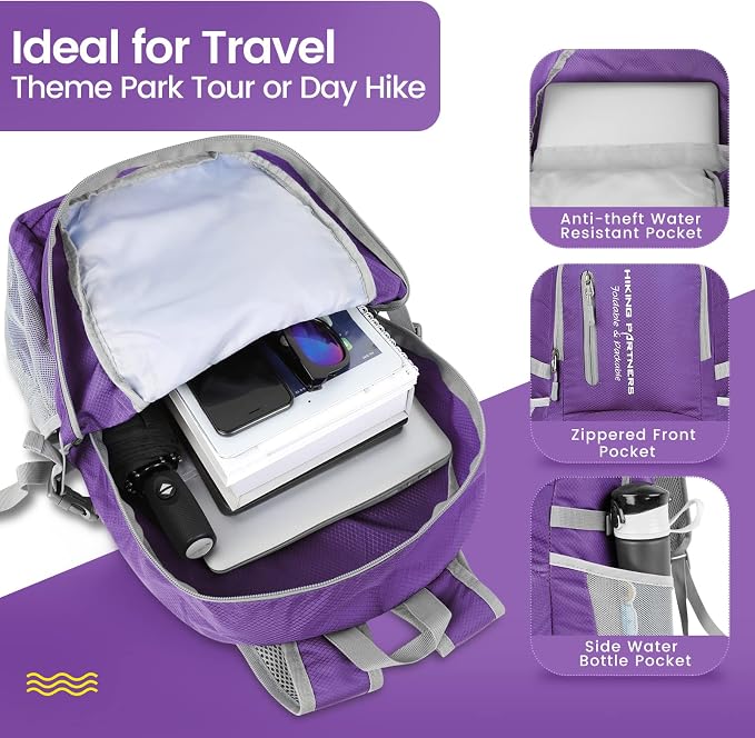 ZOMAKE Lightweight Packable Backpack, Water Resistant Foldable Daypack 35L | Light Hiking Backpacks Collapsible Day Pack for Travel, Everyday Carry, Multi Compartment Storage, Adjustable Strap (Purple)