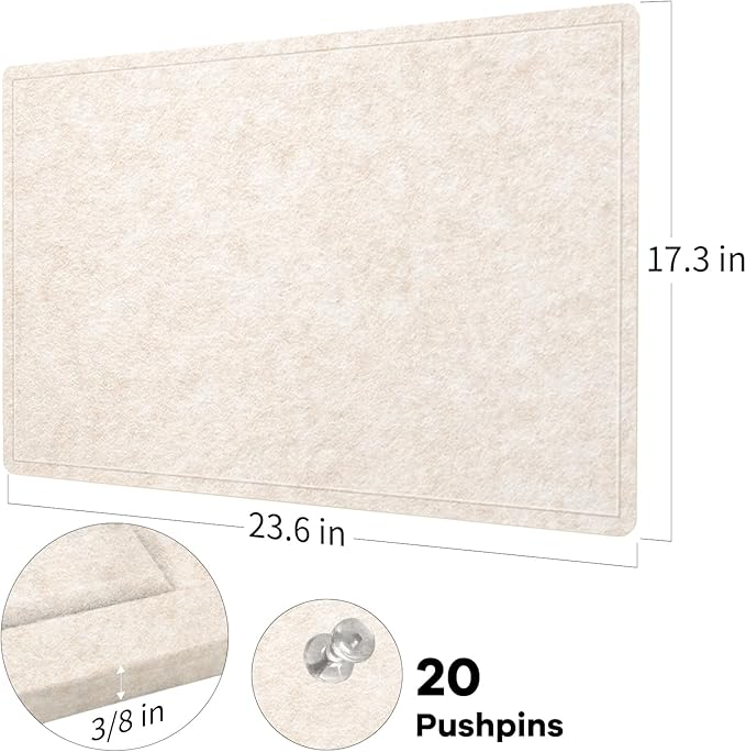 Lightomorrow Bulletin Board, 24 x 18 inches Decorative Felt Pin Board, Vision Board Cork Board Alternative for Wall, Foldable Photo Board with 20 Pushpins - Oatmeal