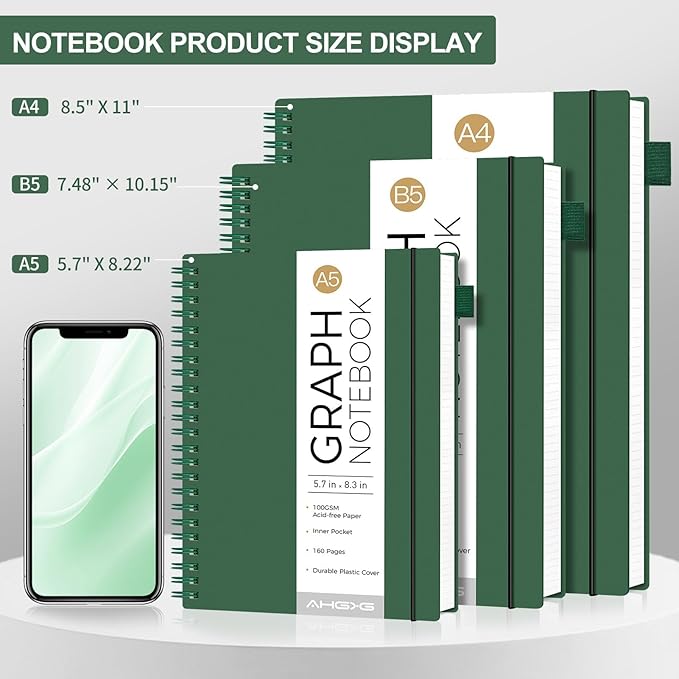 AHGXG Graph Paper Notebook - Spiral Notebook 8.5" x 11", A4 Large Graph Notebook, 100 gsm Thick Grid Paper, Waterproof Plastic Cover Journals for School Writing Engineering Math, Green