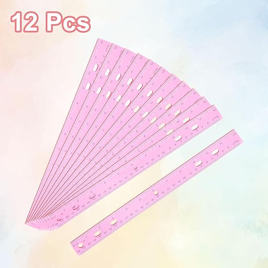 HARFINGTON 12pcs Plastic Rulers 12" (30cm) Clear Straight Ruler Measuring Tool Inches and Centimeters with Hole for Home Office Classrooms Drafting, Clear Pink