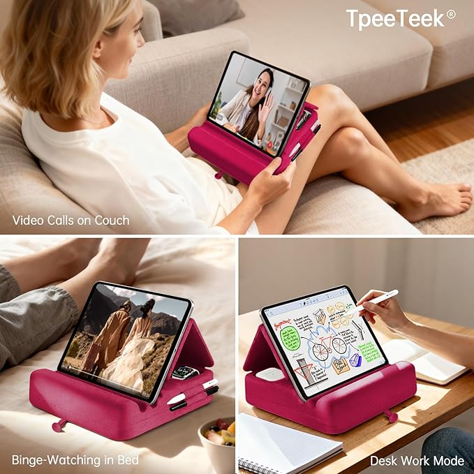 Tablet Pillow Stand with Storage, Foldable iPad Holder for Lep, Bed, Sofa, and Desk - Soft Pad Dock with Pocket and Stylus Mount Compatible with 4-13" iPad Pro/Air/Mini, Galaxy Tab, Kindle (Red)