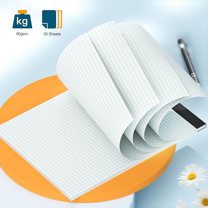 AILZFEI Graph Paper Notebook 8.5 x 11 Grid Paper Pad Quad Ruled, 2 Pack, 30 Sheets per Pad, White, 4x4 (4 Squares per inch), Easy-Tear Perforations, 8.5"x11" Quad Ruled Grid Paper Pad
