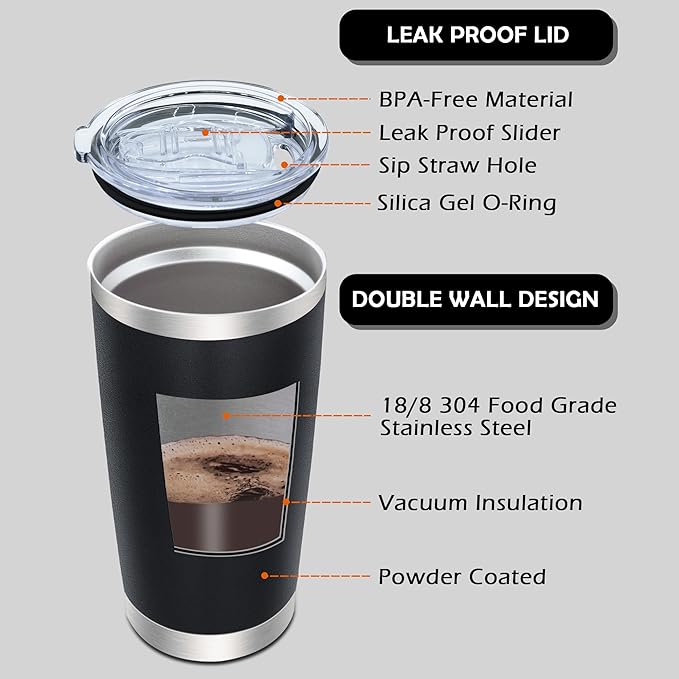 AIANJI 20oz Tumbler Bulk Stainless Steel Tumblers with Lid Vacuum Insulated Double Wall Travel Coffee Mug Powder Coated Tumbler Cup for Hot and Cold Drinks(Black, 1 pack)
