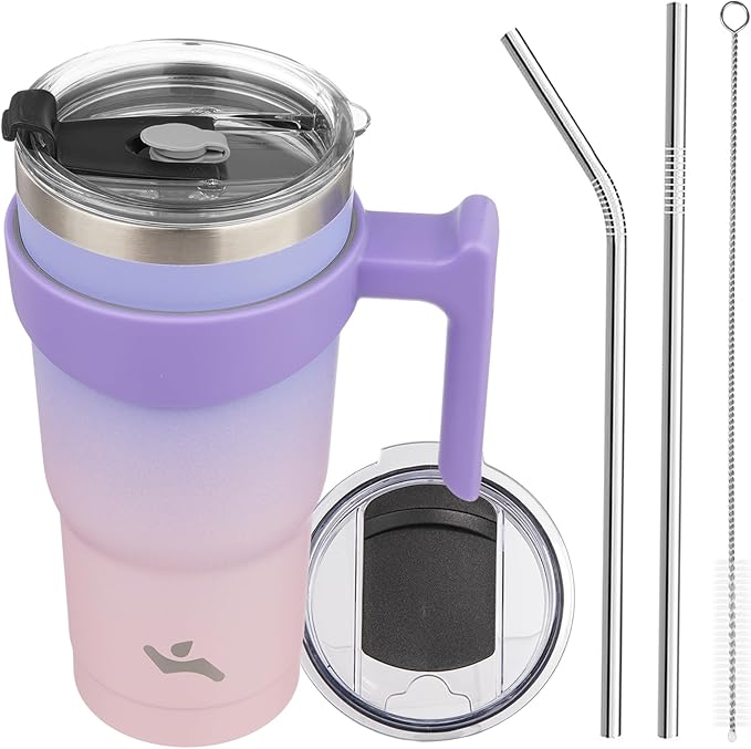 Konokyo 20 oz Tumbler with Handle and 2 Straw 2 Lid, Insulated Water Bottle Stainless Steel Vacuum Cup Reusable Travel Mug,Pastel Sunset