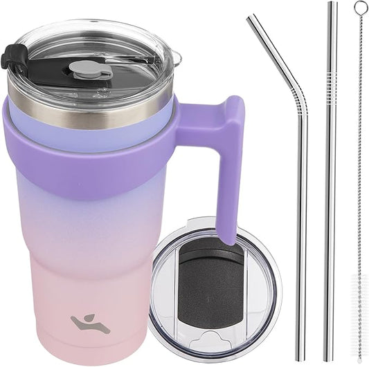Konokyo 20 oz Tumbler with Handle and 2 Straw 2 Lid, Insulated Water Bottle Stainless Steel Vacuum Cup Reusable Travel Mug,Pastel Sunset