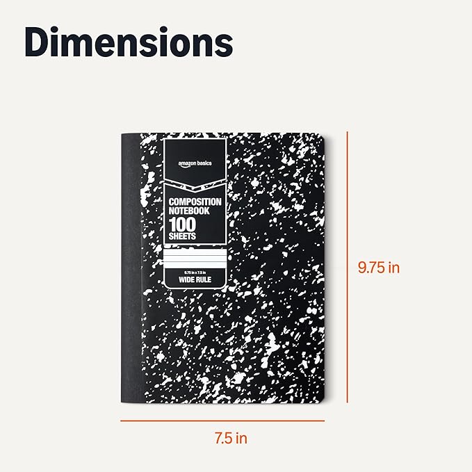 Amazon Basics Composition Notebook, Wide Ruled, 100 Sheets, 9.75" x 7.5", Marble Black, Sturdy Cover with Conversion Charts, for School, Home, and Office Use, 4-Pack