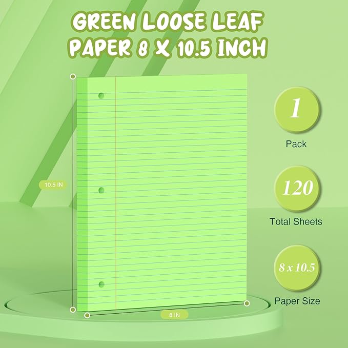 Green Loose Leaf Paper 8 x 10.5, 120 Sheets Lined Paper College Ruled Paper, 3 Hole Punched Notebook Paper College Ruled, 3 Ring Binder Paper 8 x 10.5, Filler Paper College Ruled for Office, School