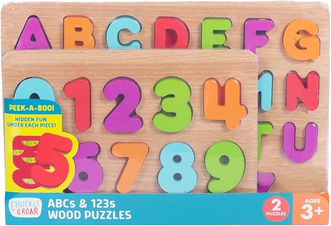 Chuckle & Roar Wooden ABC & 123 Puzzles - Pack of 2, Ages 3+ - Peek-A-Boo Hidden Art Alphabet Toys - Durable Wooden Letters for Fine Motor Skills - Self-Paced Toddler Puzzles for Early Learning
