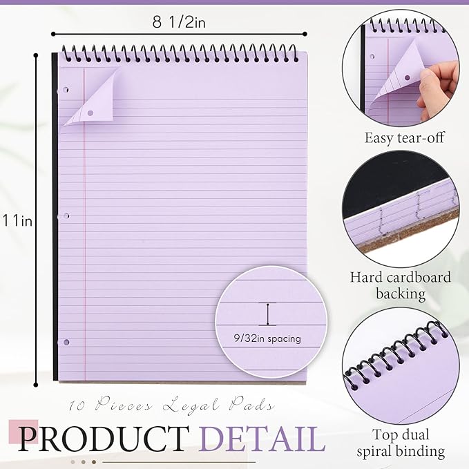 MotiMind 10 Pack 8.5" x 11" Top Spiral Notebook with 3 Hole Punched Multicolor Legal Pads College Ruled Notepad 50 Sheets Hard Cardboard Paper Wirebound Notepad for Office School Business