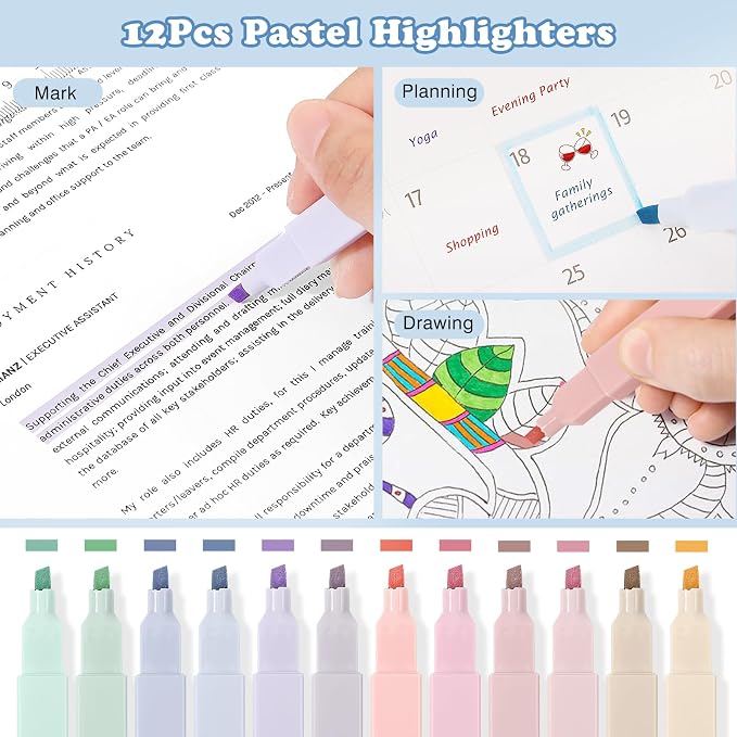 MoKo 60Pcs Aesthetic School Supplies with Cute Pencil Case (Pink), 12 Pastel Highlighters, 5 Black Ink Gel Pens, 6 Mechanical Pencil Set 0.5 & 0.7 mm for Students Stationary College Essentials