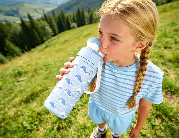 POWCAN 18 oz Kids Water Bottle for School: 2-in-1 Straw Spout Lid with Soft Animal Head, Leakproof, Backpack Friendly, Keep Cold 24H, Insulated cup for Sports, Playground, Holiday Gift (Whale Splash)