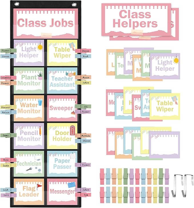 Pasimy Pastel Class Jobs Pocket Chart Class Helpers Pocket Chart Classroom Jobs Cards with Clips and Hooks Teacher Helper Bulletin Board Set for Back to School Classroom Teacher Supplies