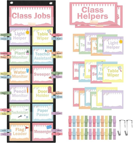 Pasimy Pastel Class Jobs Pocket Chart Class Helpers Pocket Chart Classroom Jobs Cards with Clips and Hooks Teacher Helper Bulletin Board Set for Back to School Classroom Teacher Supplies