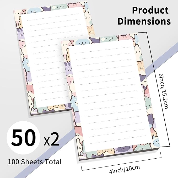2 Pack Lined Sticky Notes 4x6 in, Cute Self-Stick Notepads with Lines, Large Memo Pads Strong Adhesive for Office, Home Cute Funny Cats
