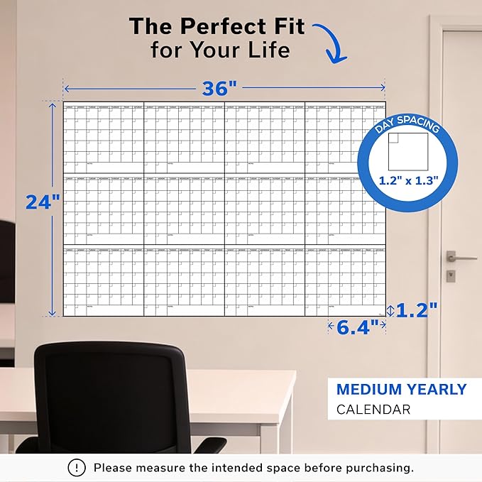 Yearly Large Dry Erase Calendar for Wall 24x36, for Year Family 12 Month, Undated Big Erasable Office, Rolled Whiteboard White Board, Classroom Annual Calendar Planner Dry Erase 36x24 Wall Reusable