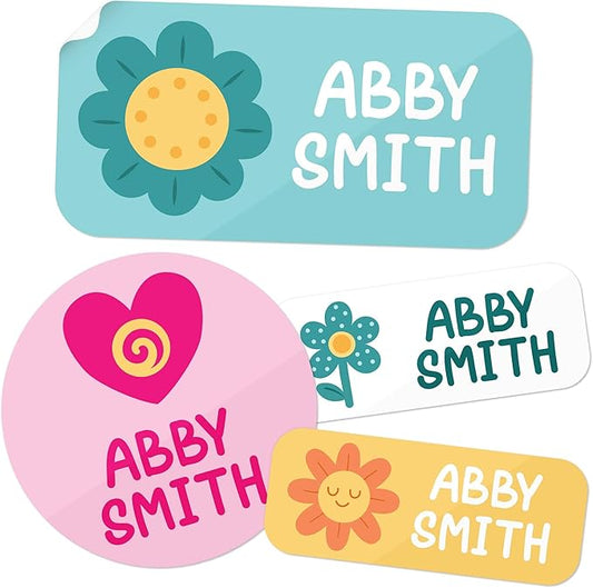 Personalized Daycare Name Labels for Kids, (130 Pack) Waterproof Custom Name Stickers for Clothing Tags, Lunch Boxes and School Supplies, Made in USA by MSC -Flowers 2