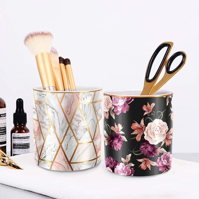 Pen Holder for Desk, Pencil Cup Holder, Cute Floral Makeup Brush Holder Durable Ceramic Flower Design Desk Pencil Organizer for Office, Classroom, Black