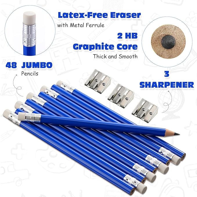 Fainne 48 Pcs Fat Pencils Jumbo Big Thick Large Pencils and 3 Pieces Sharpeners for Kids Beginners Preschoolers Kindergarten School Office Supplies (Blue+silver,Round)