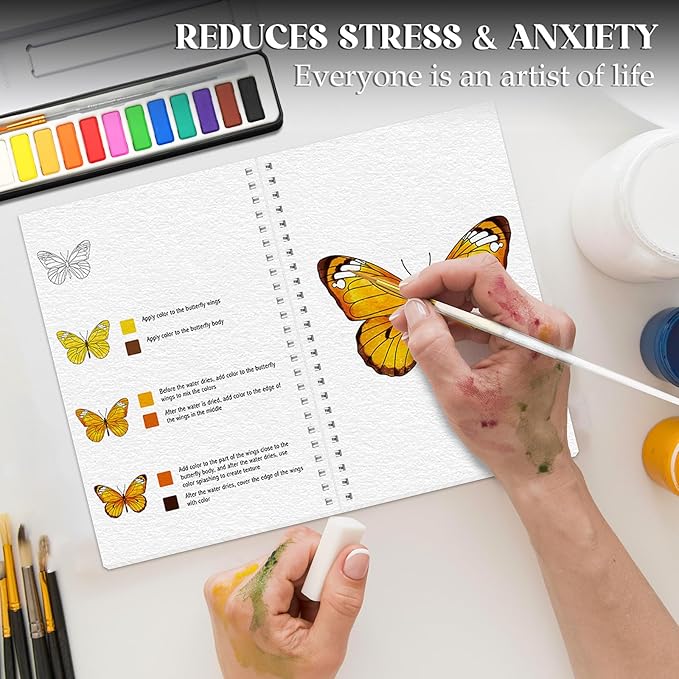 2Pcs Watercolor Workbook Beginner-Friendly Watercolor Workbooks Water Coloring Book with 12 Colors Paint Color, Beginner Watercolor Painting Kit with Step by Step for Adults Watercolor Paper