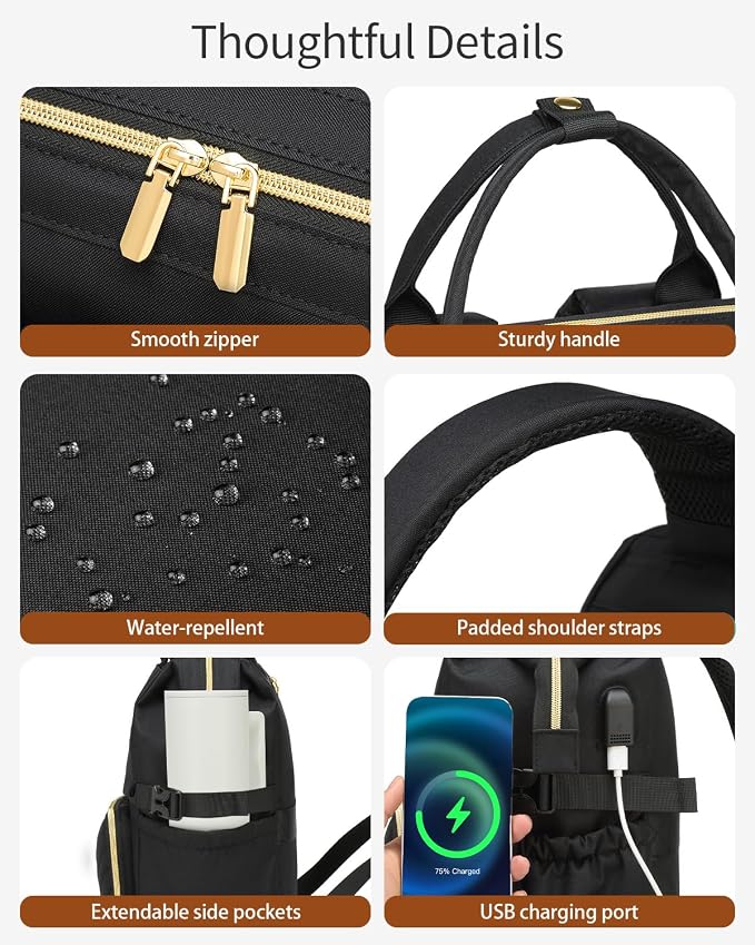 Laptop Backpack for Women, College Bookbag School Backpack for High School Teen Girls, Work Bags with Cup Holder & USB Charger for Teacher Nurse Travel, Black