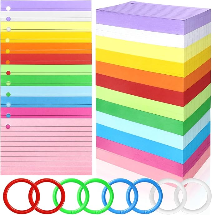 Tecmisse 1200 PCS Colorful Index Cards with Rings, Colored Flash Cards with Rings, 3 x 5 Inch Ruled Note Cards Flashcards Study Cards Notecards for Learning and office Supplies, 12 Colors