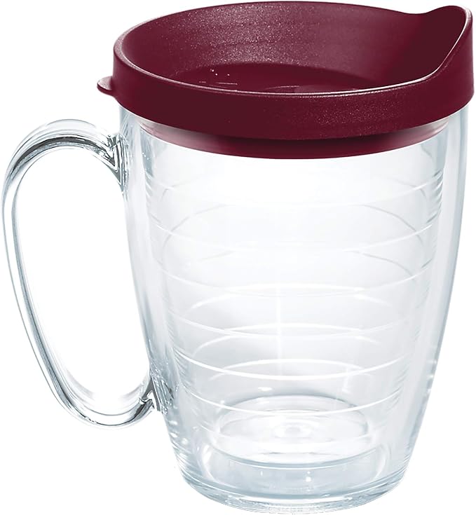 Tervis Clear & Colorful Lidded Made in USA Double Walled Insulated Tumbler Travel Cup Keeps Drinks Cold & Hot, 16oz Mug, Maroon Lid