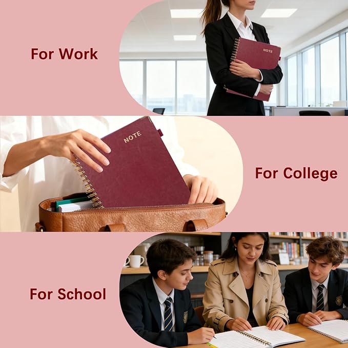 Hardcover Spiral Notebooks for Work 6.2"x 8.2", 300 Pages 5 Subject Notebook with Dividers & Tabs, A5 Spiral Journal for Women, College Ruled Notebook for School Note-Taking (Wine Red)