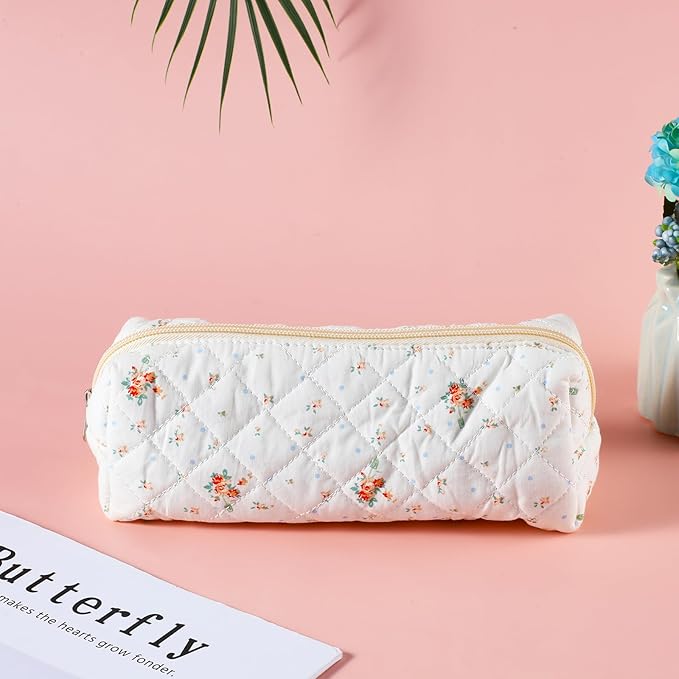 Cute Pencil Case, Aesthetic Flowers Pencil Pouch, Portable Pen Bag Wide Opening, Soft Quilted Pencil Pouch Organizer with Zipper for Office College Storage Makeup Pouch