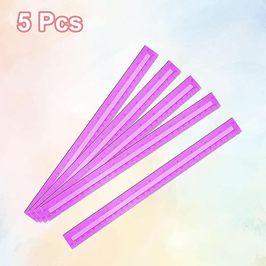 HARFINGTON 5pcs Plastic Rulers 12" (30cm) Clear Straight Ruler Measuring Tool Inches and Centimeters for Home Office Classrooms Drafting, Clear Purple