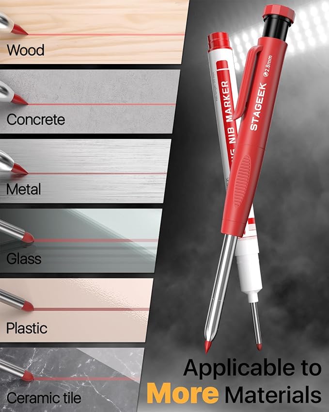 Carpenter Pencils with Sharpener, 2.8mm Mechanical Pencil Set with 26 Refills, Waterproof Deep Hole Long Nib Marker for Architect Marking, Heavy Duty Woodworking Tools for Construction Electricians