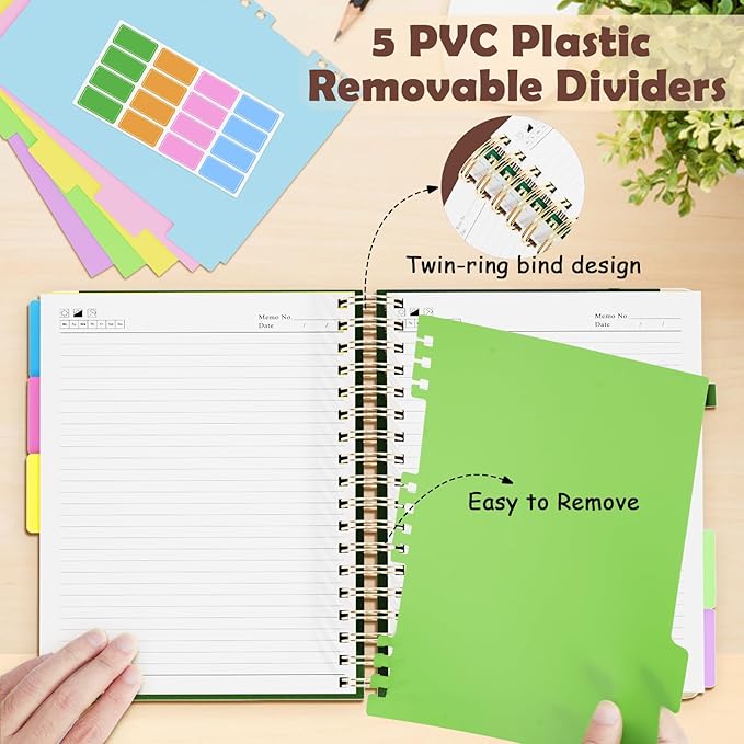 Hardcover Spiral Notebook, B5 Journal with Removable Dividers Tabs, 5 Subject Notebook College Ruled, 320 Pages 8"x10" Leather Notebooks for Work School Study, Lined Journal for Women, Dark Green