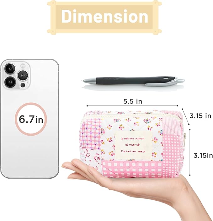 Sminra Small Quilted Makeup Pouch, Floral Cotton Cosmetic Bag for Purse, Cottagecore Zipper Pouch Organizer for Daily Essentials, Soft Mini Toiletry Pouch, Pink Floral-S