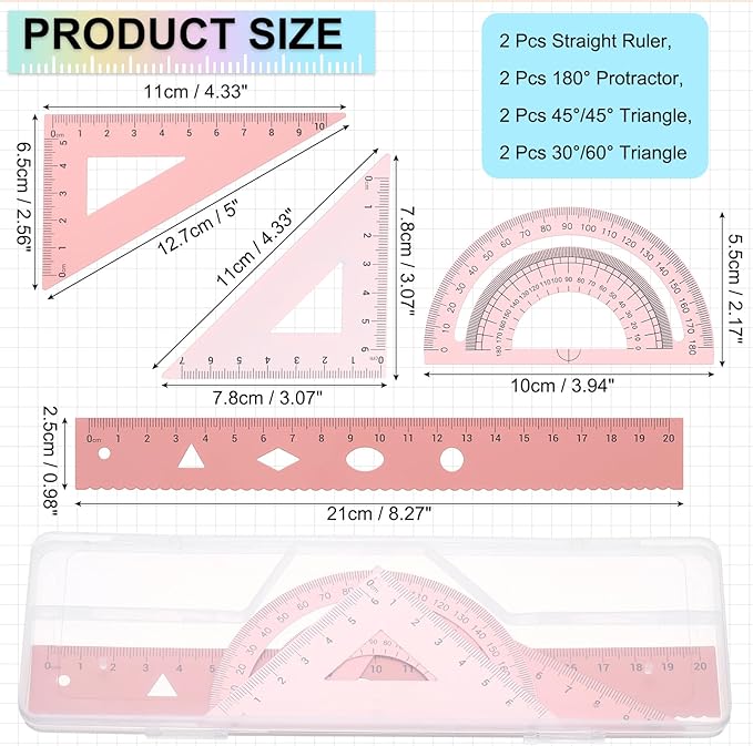 PATIKIL Geometry Set, 2 Pack 8 Inch Aluminum Ruler & 4 Triangles, Metal Protractor Ruler Math Drafting Measuring Tool for Home Office Math Drawing Engineering Art,Gradient Pink