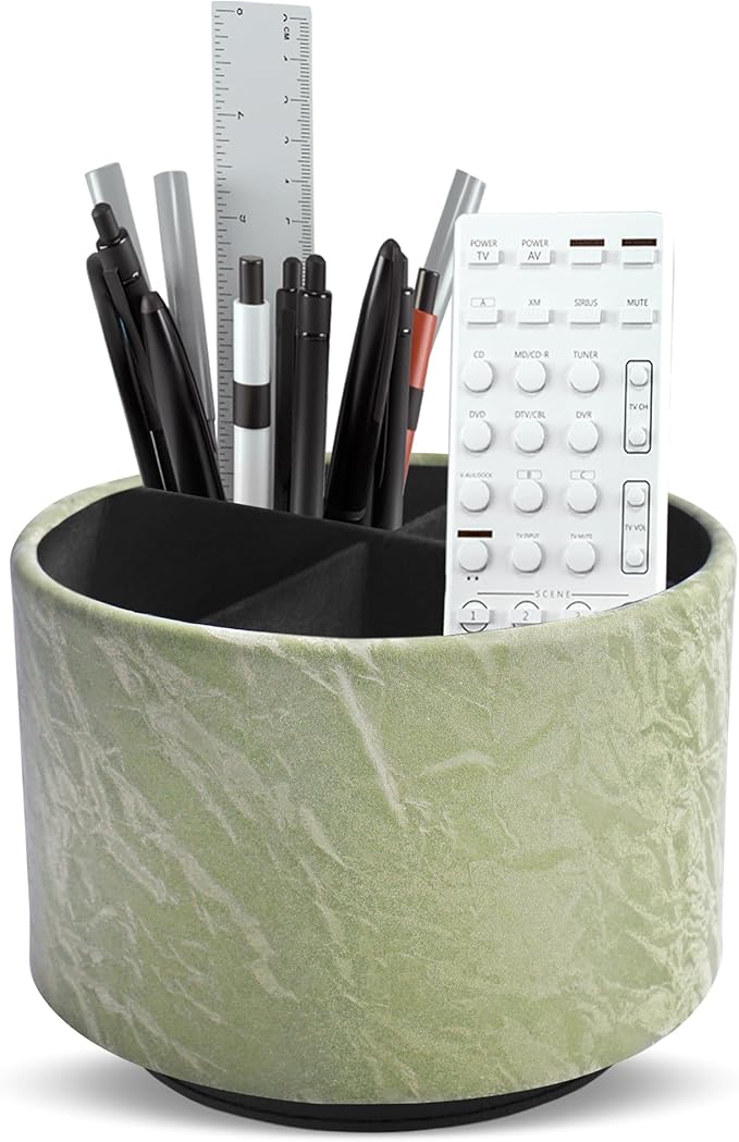 Round Leather Art Supply Organizer,Remote Control Holder,360 Degree Spinning,Multi-Functional Pencil Holder,4 Compartments Desktop Stationary Organizer(1-Hill Green)