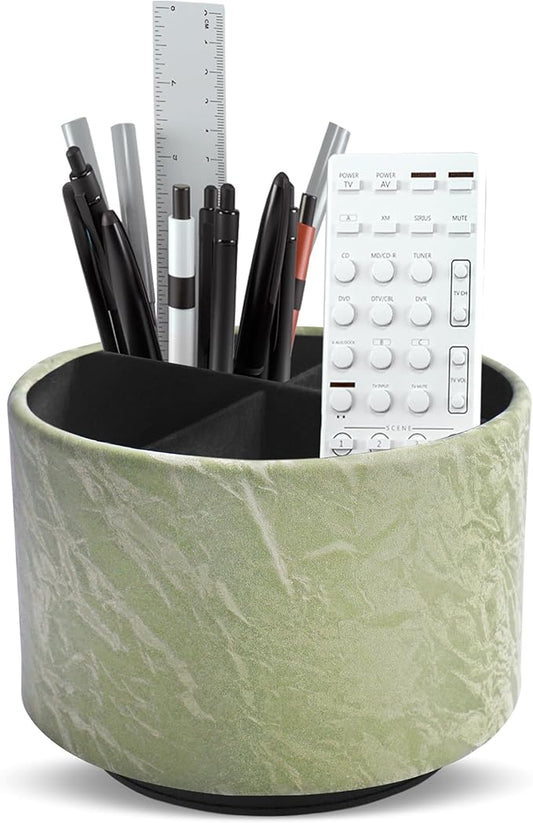 Round Leather Art Supply Organizer,Remote Control Holder,360 Degree Spinning,Multi-Functional Pencil Holder,4 Compartments Desktop Stationary Organizer(1-Hill Green)