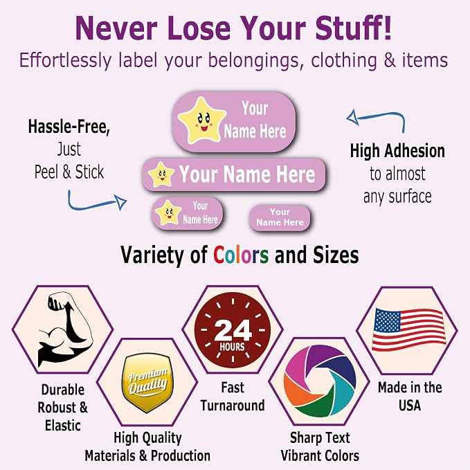 Waterproof Name Labels – Girls, Boys and Kids Icon Designs. 126 Custom Stickers for School, Daycare and Camp. Personalized Labels, Dishwasher and Microwave Safe, Machine Washable.
