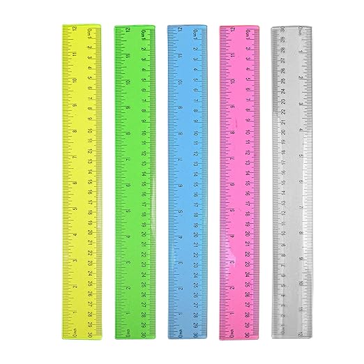 5 Pieces Assorted Colors Plastic Ruler, 12 inch (30cm) Ruler, Pack of 5, Plastic Ruler, Rulers for Kids, Measuring Tools, Ruler Set, Ruler inches and Centimeters (5 Assorted Colors)