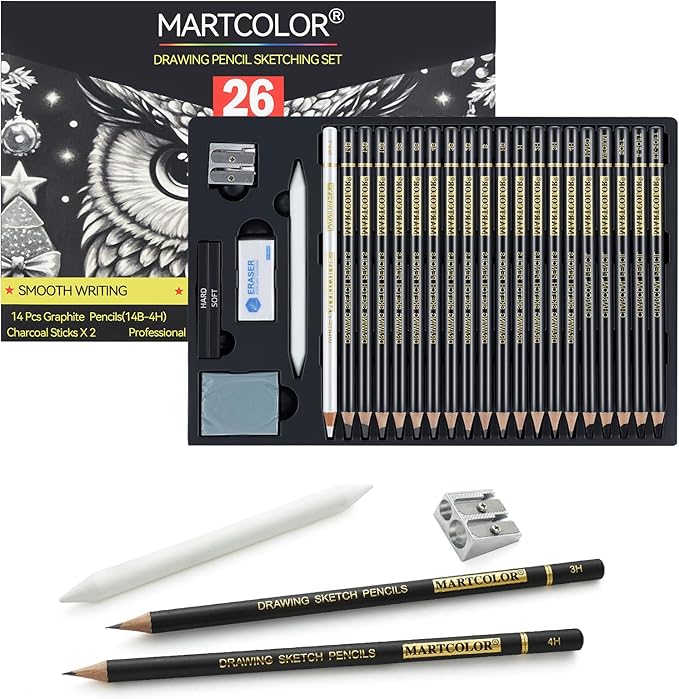 MARTCOLOR Drawing Sketching Pencil Set, 26 Pieces, Graphite Pencils (14B-4H), Charcoal Pencils, Charcoal Sticks, Blending Stump, Eraser, Sharpeners, Artist Pencils for Beginners & Pro Artists