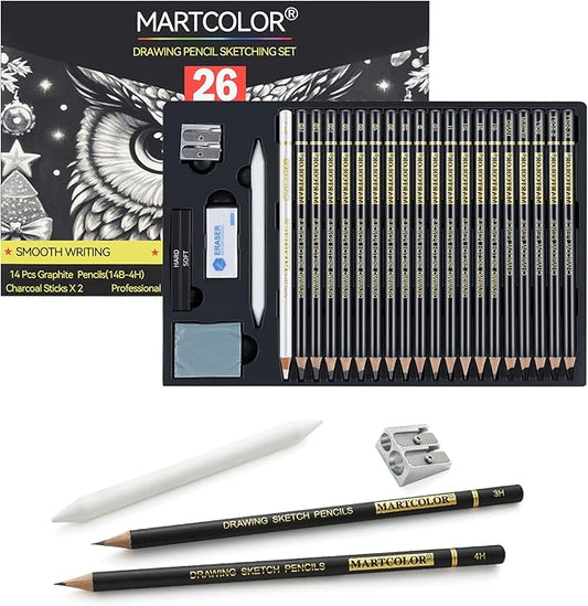 MARTCOLOR Drawing Sketching Pencil Set, 26 Pieces, Graphite Pencils (14B-4H), Charcoal Pencils, Charcoal Sticks, Blending Stump, Eraser, Sharpeners, Artist Pencils for Beginners & Pro Artists