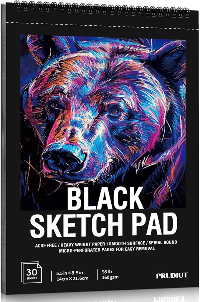 30 Sheets Black Paper Sketchbook, 98lb/160gsm Heavyweight Black Sketch Pad 5.5×8.5in, Acid-Free Drawing Paper, Spiral Bound Sketch Book for Kids, Teens, Artist