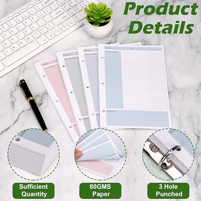 400 Sheet Half Letter Cornell Notes Loose Leaf Paper for 3 Ring Mini Binder 5.5" x 8.5" Lined Paper 9/32" Spacing Cornell Notebook Refills Taking System Filler Paper Bulk for School Office 80gsm