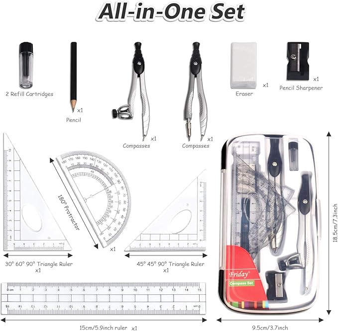 SAYEEC Geometry Set, 10 Pcs Math Protractor Compasses Kit with Ruler, Triangles, Eraser, Sharpener, Lead Refills, Pencil, Storage Box, Drafting Drawing Tools for Architects Engineers Artists