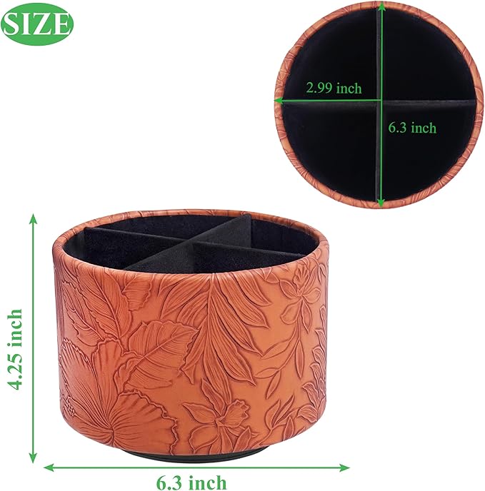 Round Leather Art Supply Organizer,Remote Control Holder,360 Degree Spinning,Multi-Functional Pencil Holder,4 Compartments Desktop Stationary Organizer(1-Carved Brown)