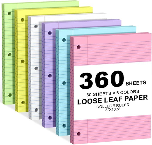 360 Sheets Loose Leaf Paper, 8x10.5 College Ruled, Notebook Paper for 3 Ring Binders, Colored Notebook, 3 Hole Punch Paper, 60 Sheets/Color